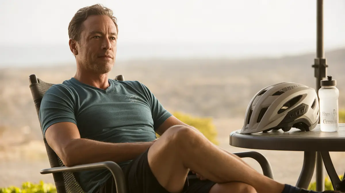 Man resting on a patio after a bike ride