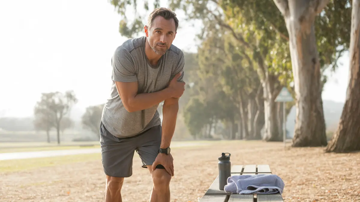 Man stretching on a park bench after a run