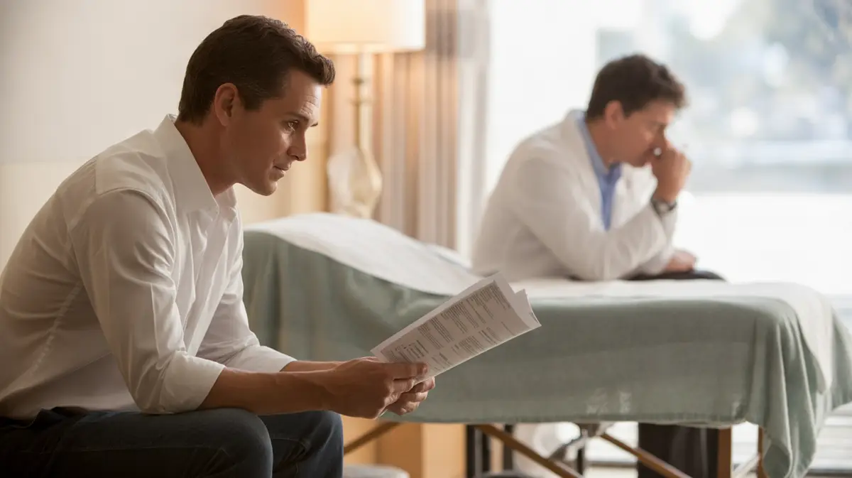 Man reading a study summary in a consultation room