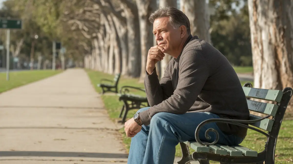 Man in his fifties thinking on a park bench