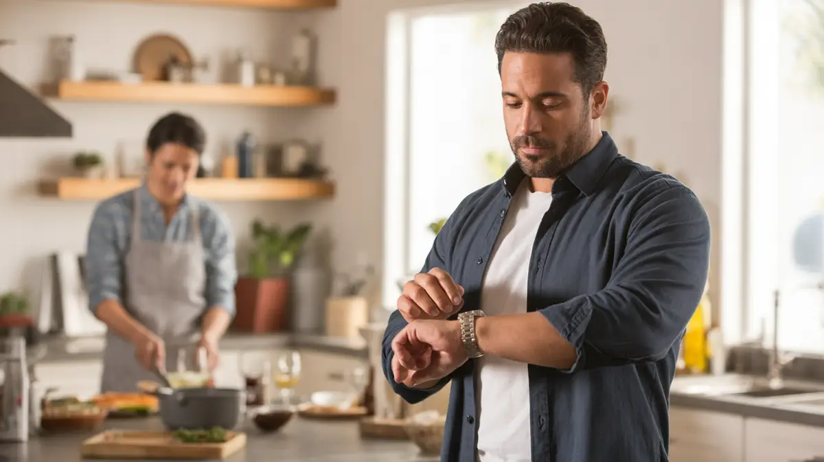 Man checking his watch while cooking in a kitchen