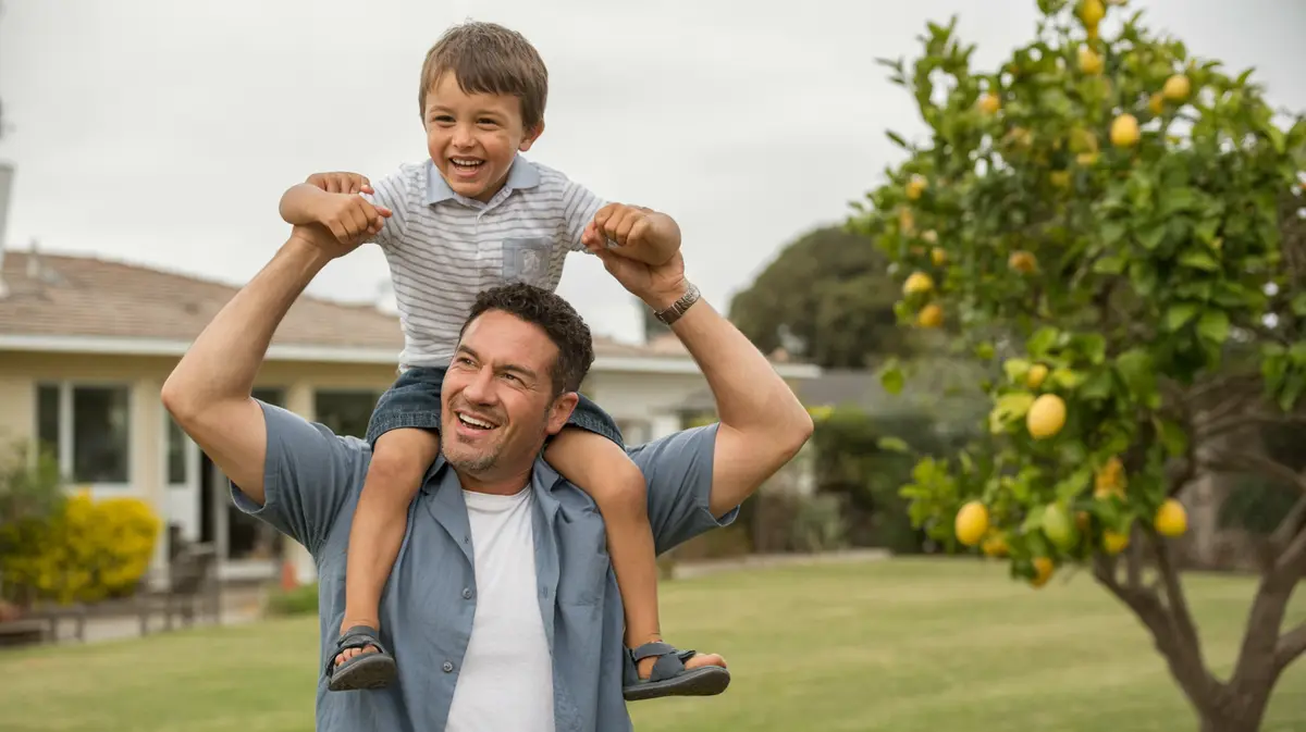 Father lifting his son in a sunny backyard