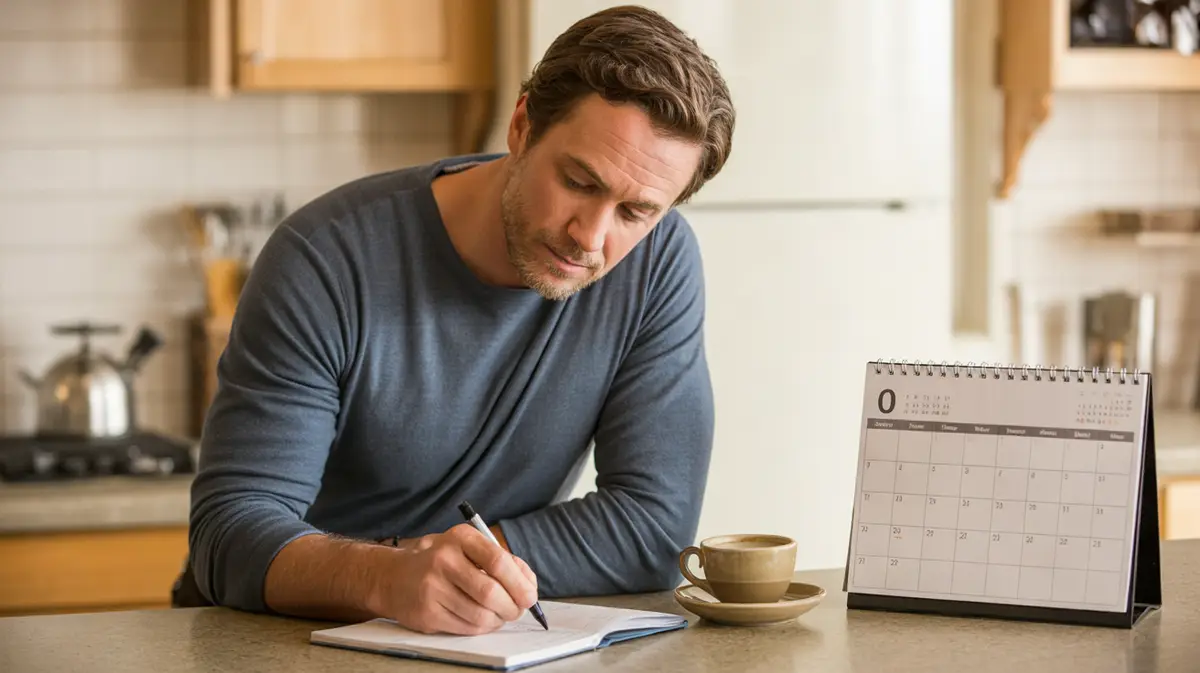 Man planning his schedule at a kitchen counter