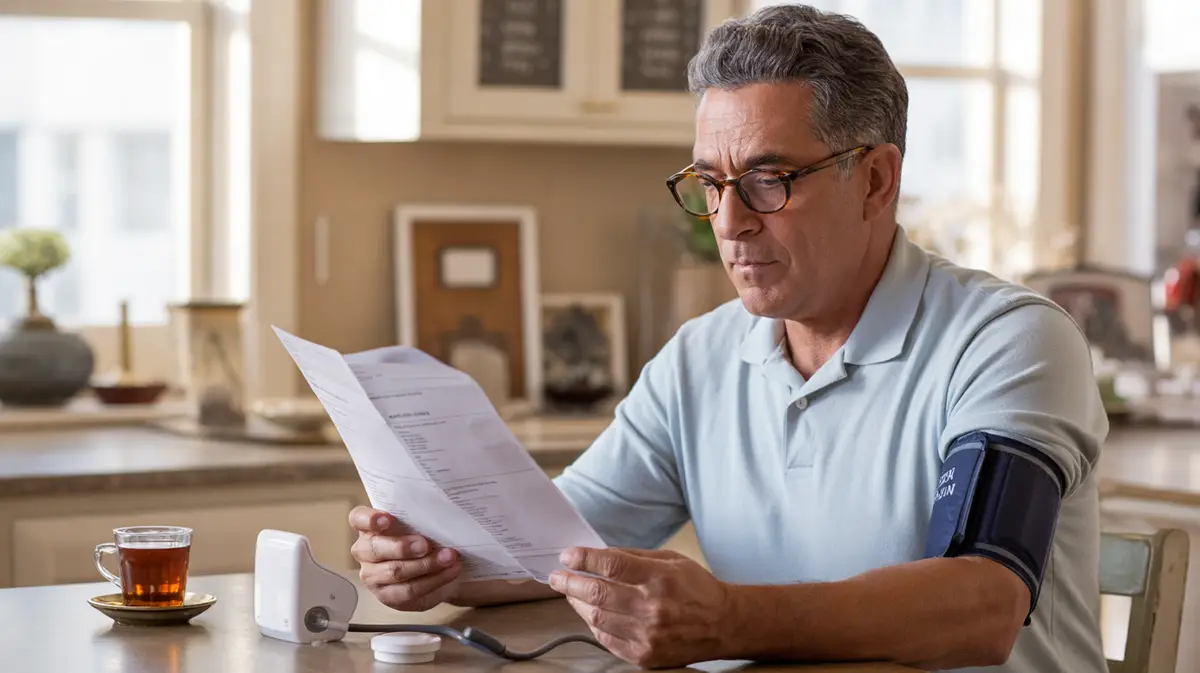 Older man reading a medicine leaflet beside a blood pressure cuff