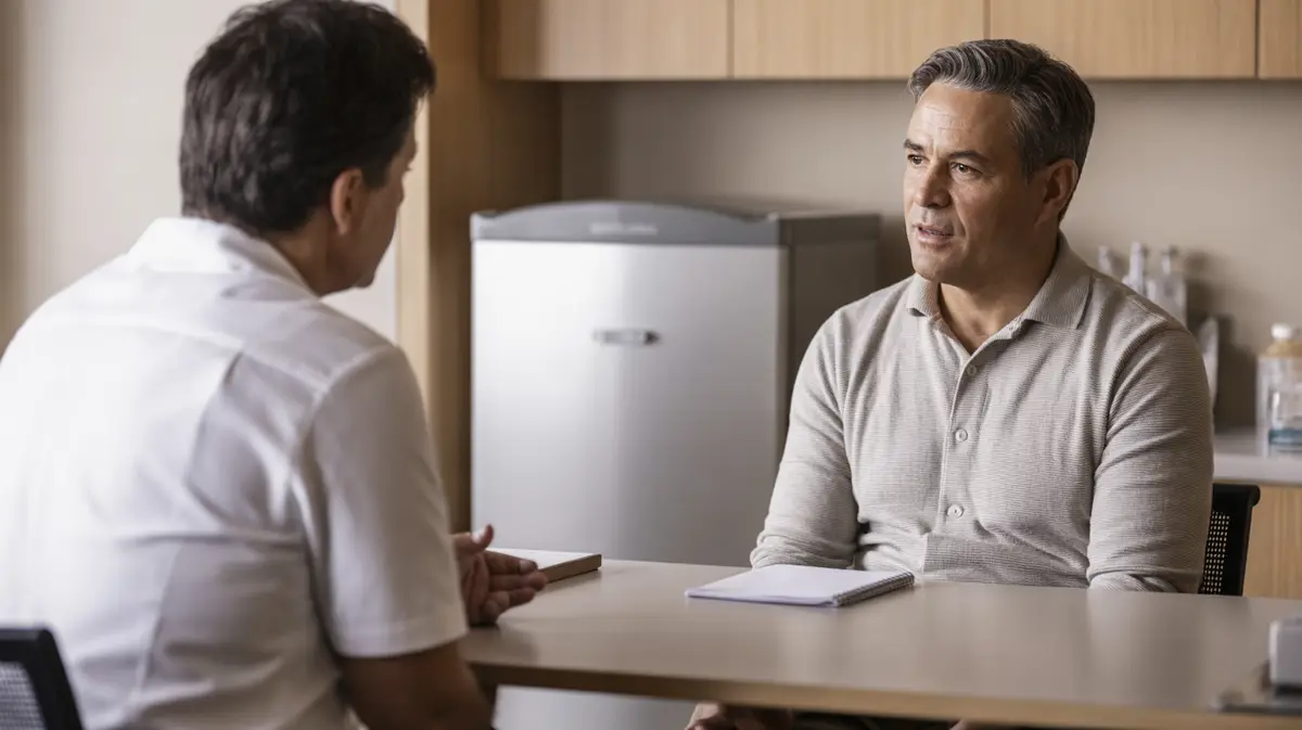 Man listening to a clinician in a consultation room