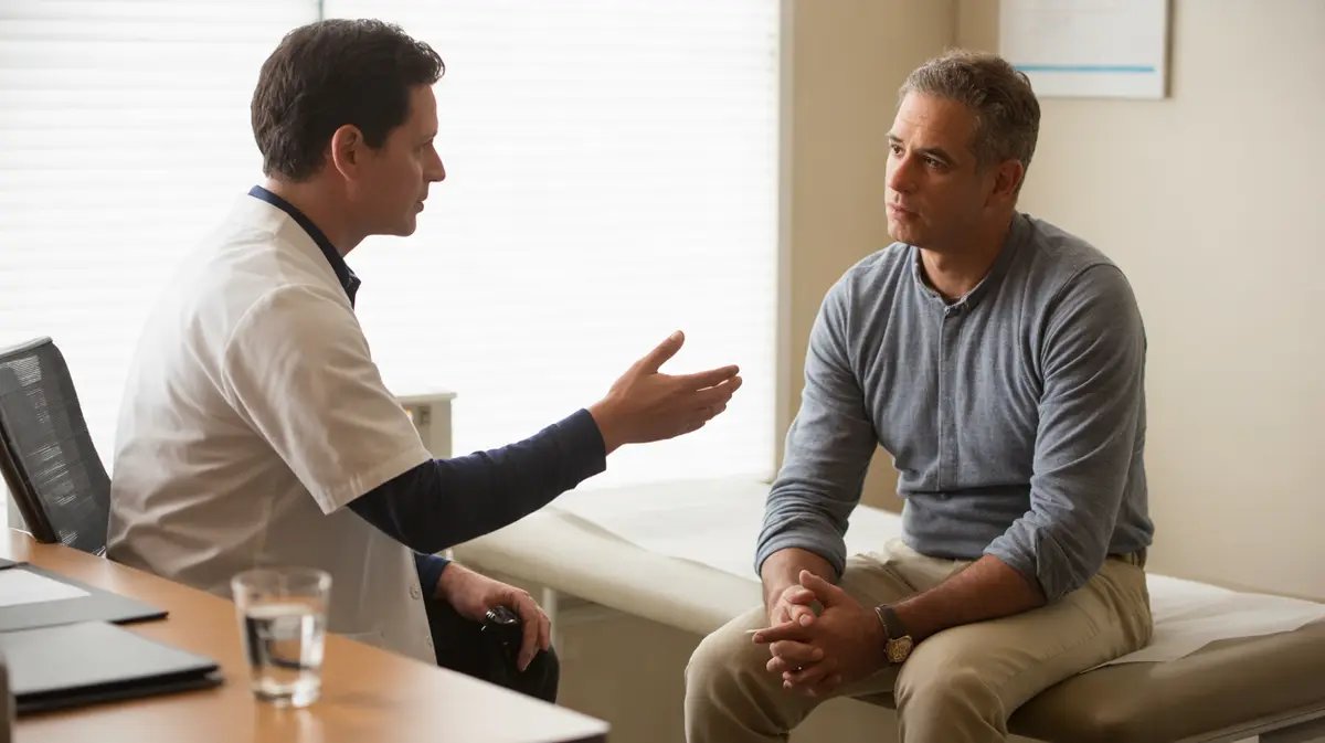 Man on an exam table listening to a clinician