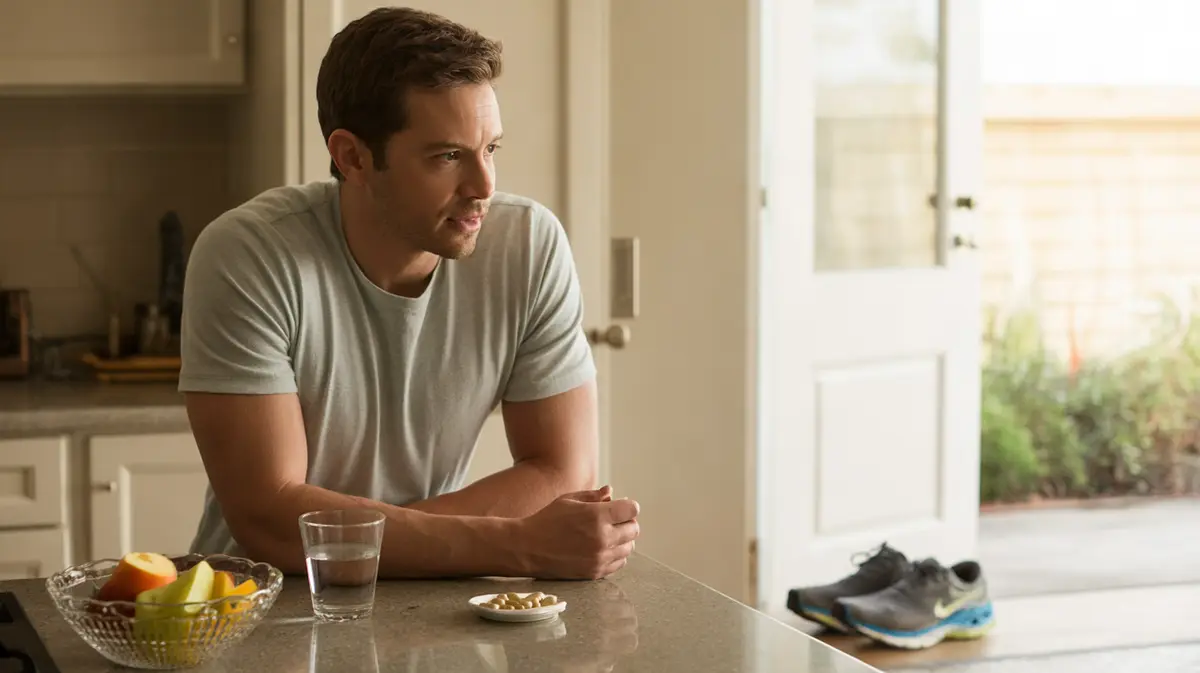 Man at a kitchen counter with water and capsules