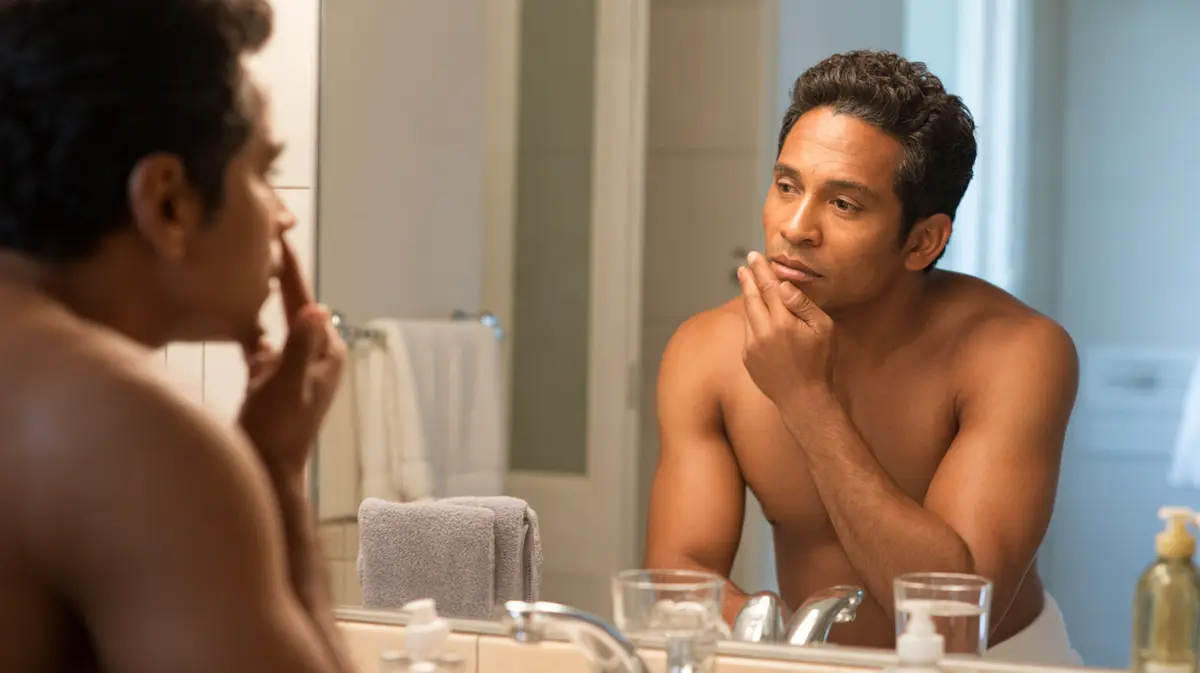 Man checking his cheek skin in a bright bathroom mirror