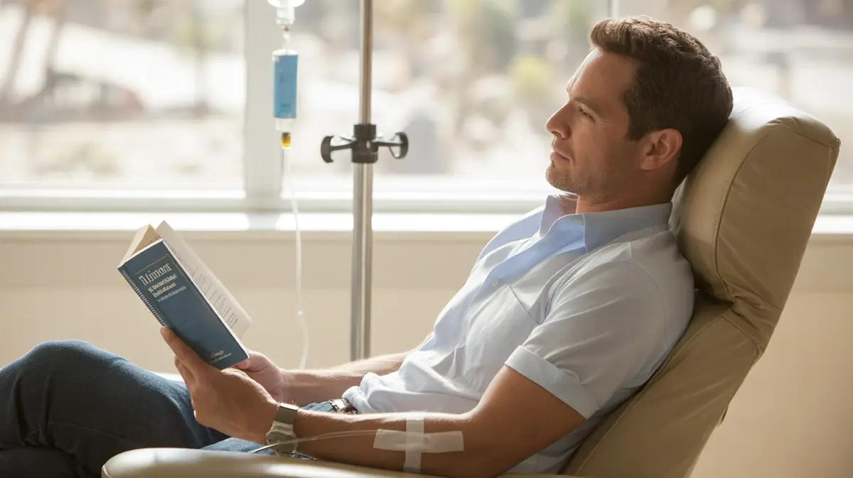 Man reading in a treatment chair during an IV session