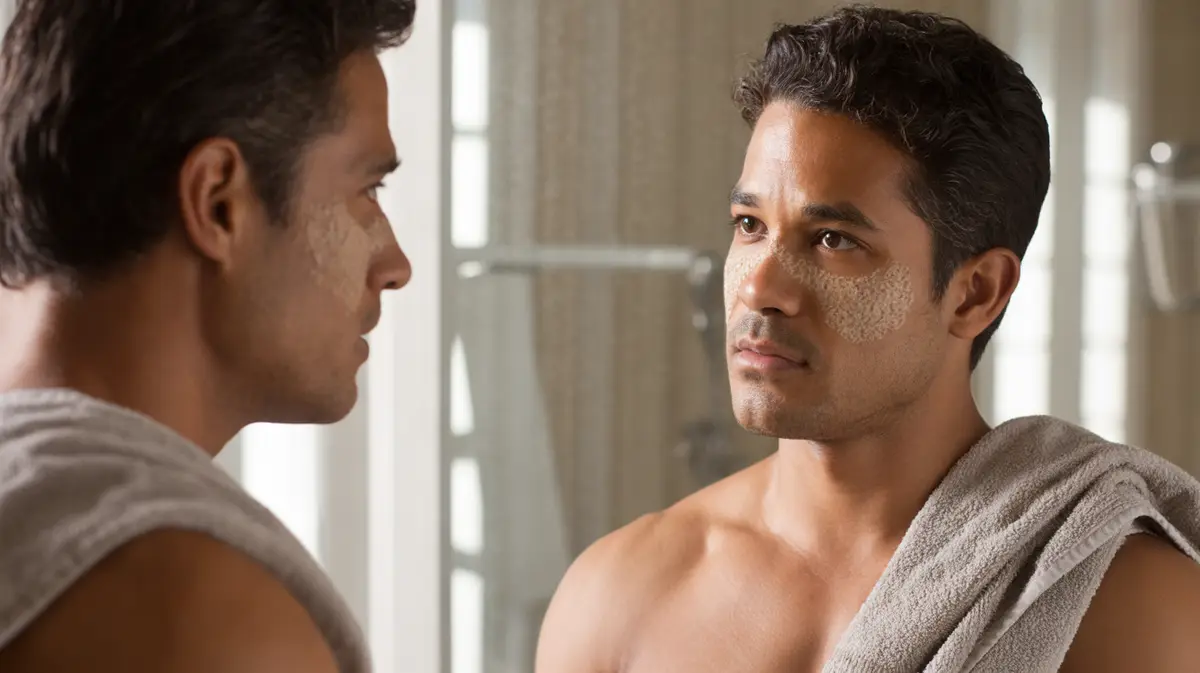 Man in his thirties checking cheek texture in a bathroom mirror