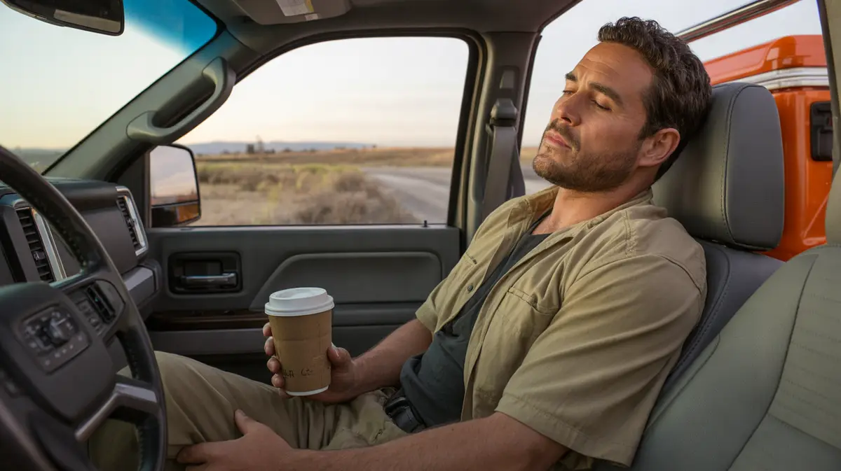 Exhausted man resting in a parked truck at dusk