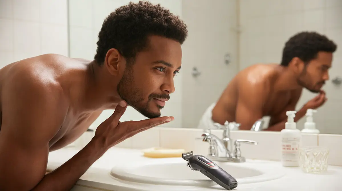 Man with a trimmed beard touching his jawline in a bathroom