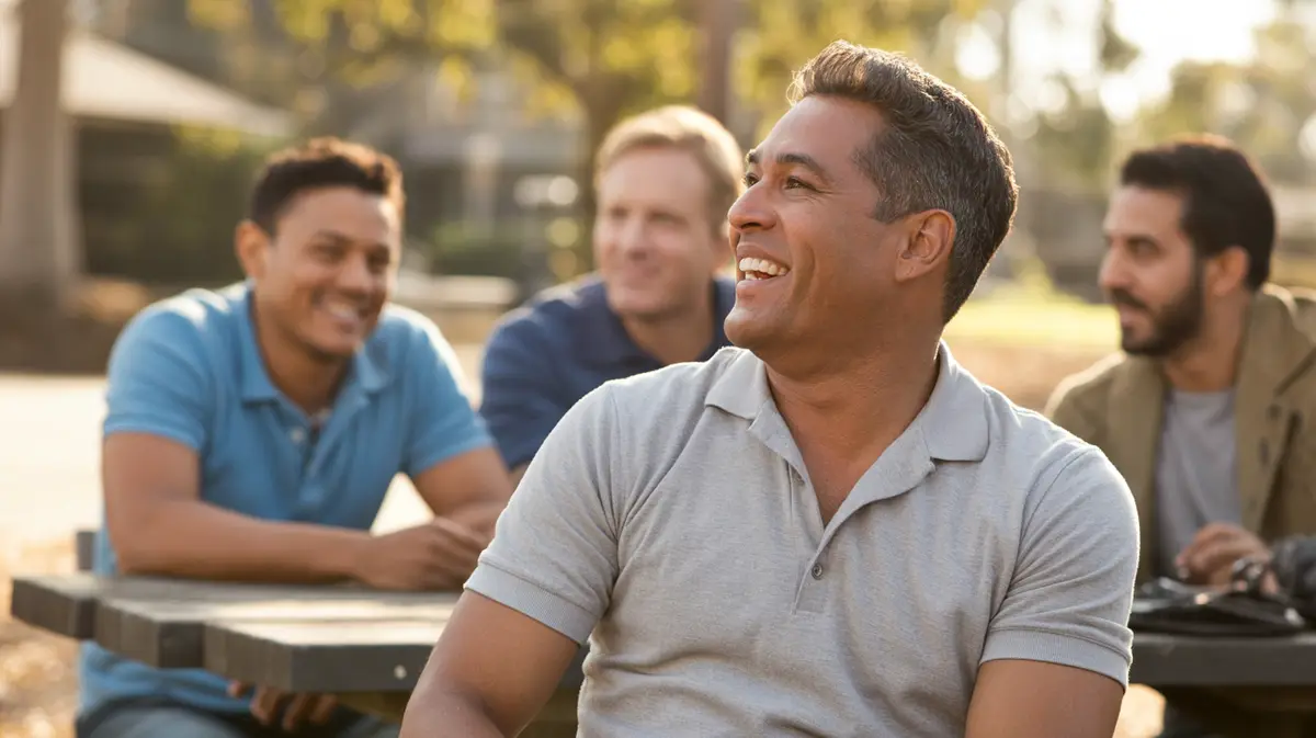 Man in his late 40s laughing at a park picnic table