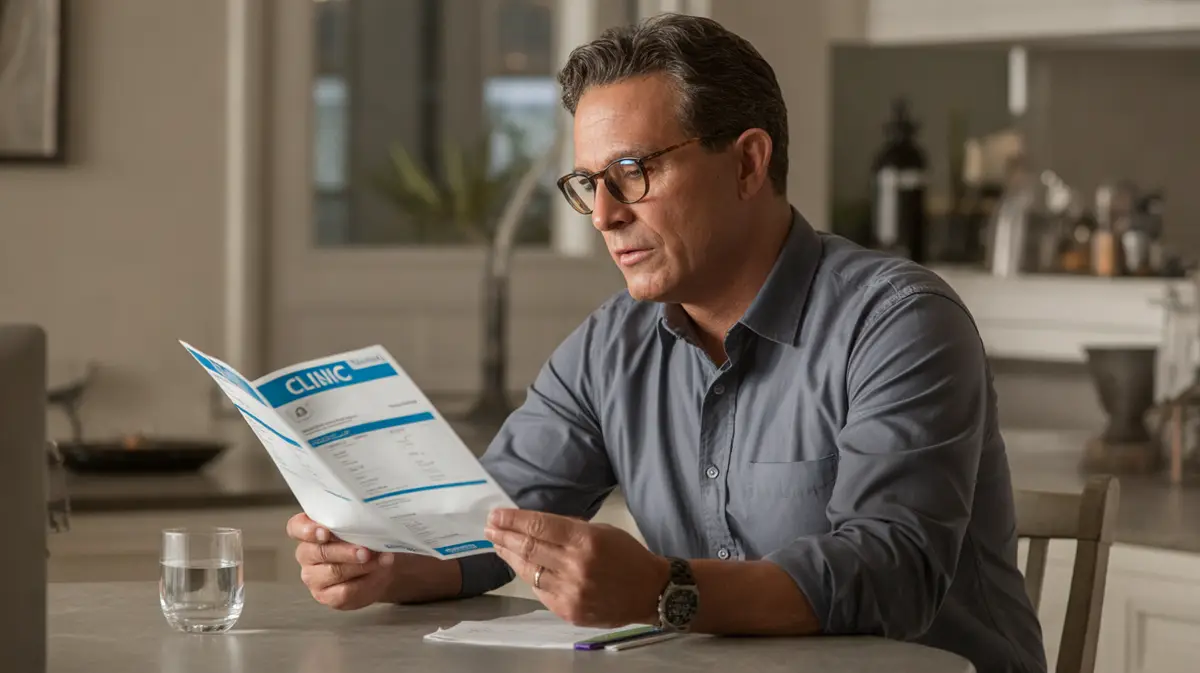 Man reading an information sheet at a kitchen table