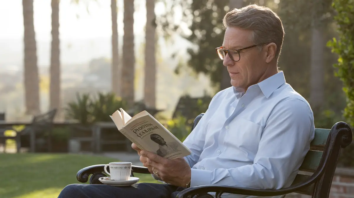Man in his sixties reading on a garden bench
