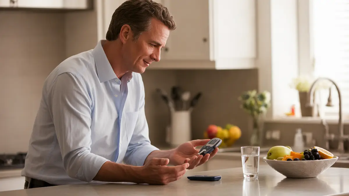 Man checking his blood sugar in a bright kitchen