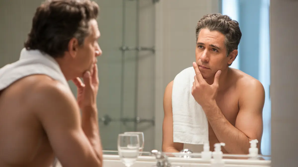 Man studying his cheeks in a bathroom mirror