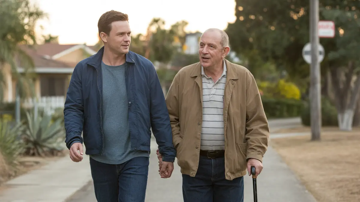 Middle-aged man walking with his elderly father outdoors