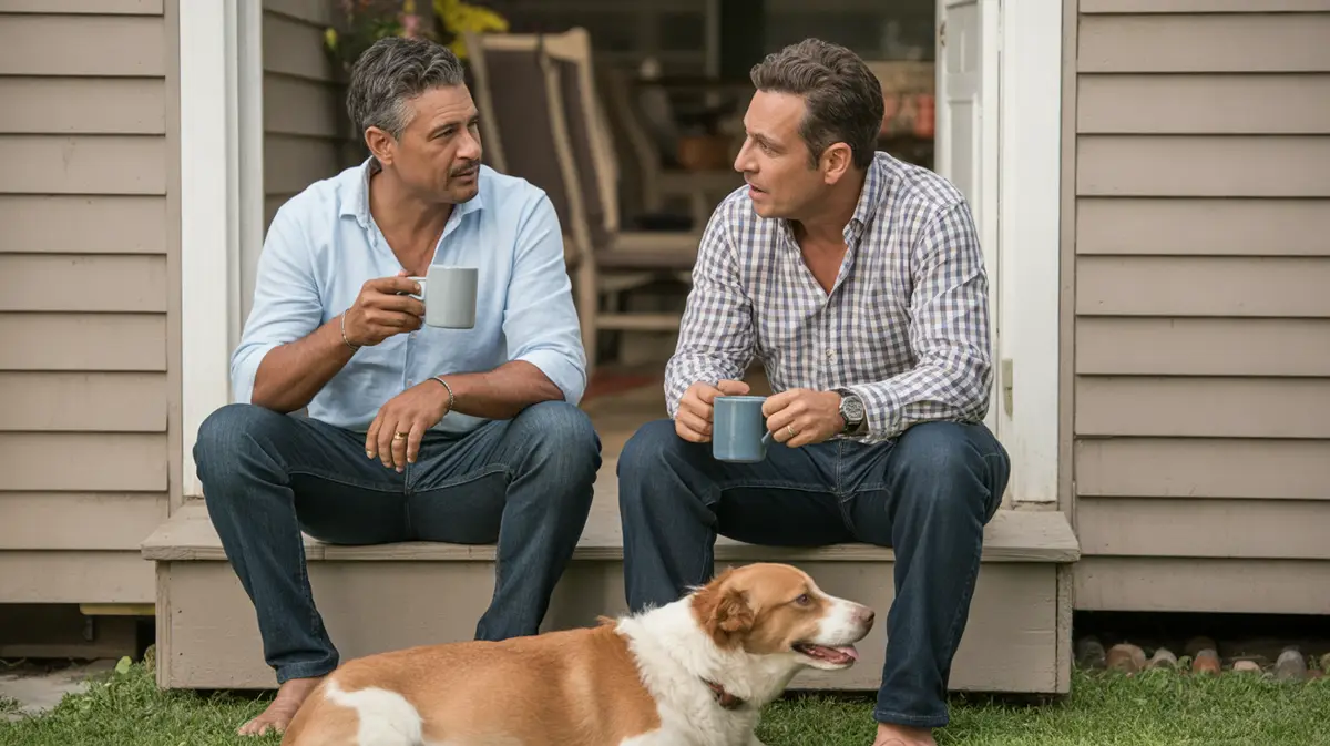 Two adult brothers talking on porch steps in the morning