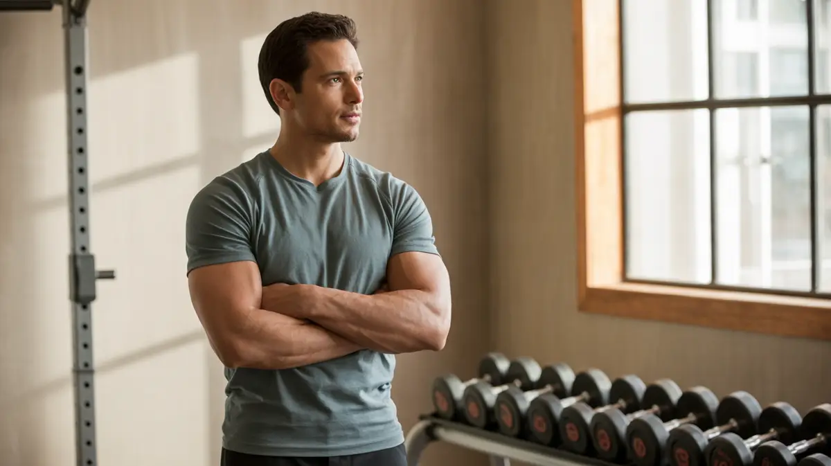 Man in a gray t-shirt standing in a home gym