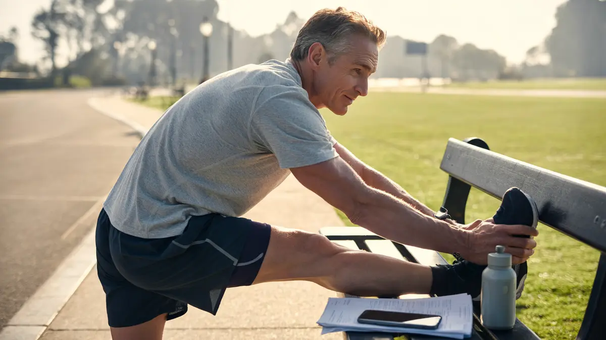 Man in running clothes stretching at a park bench at dawn