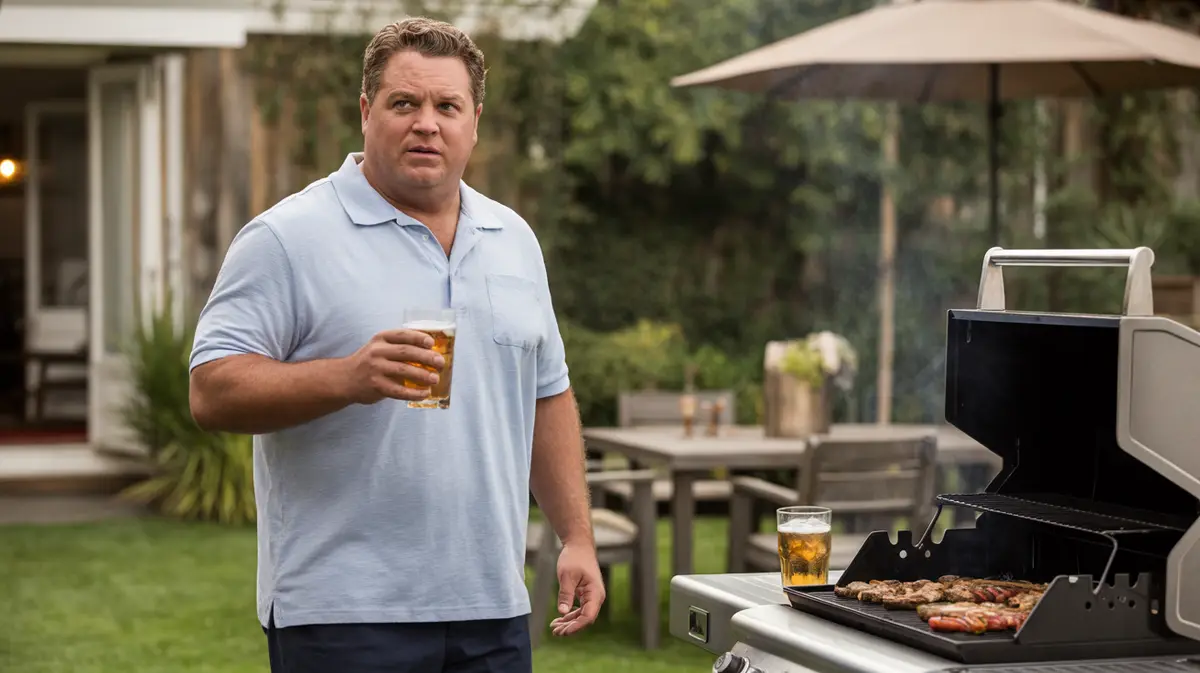 Man in his fifties at a backyard grill holding iced water