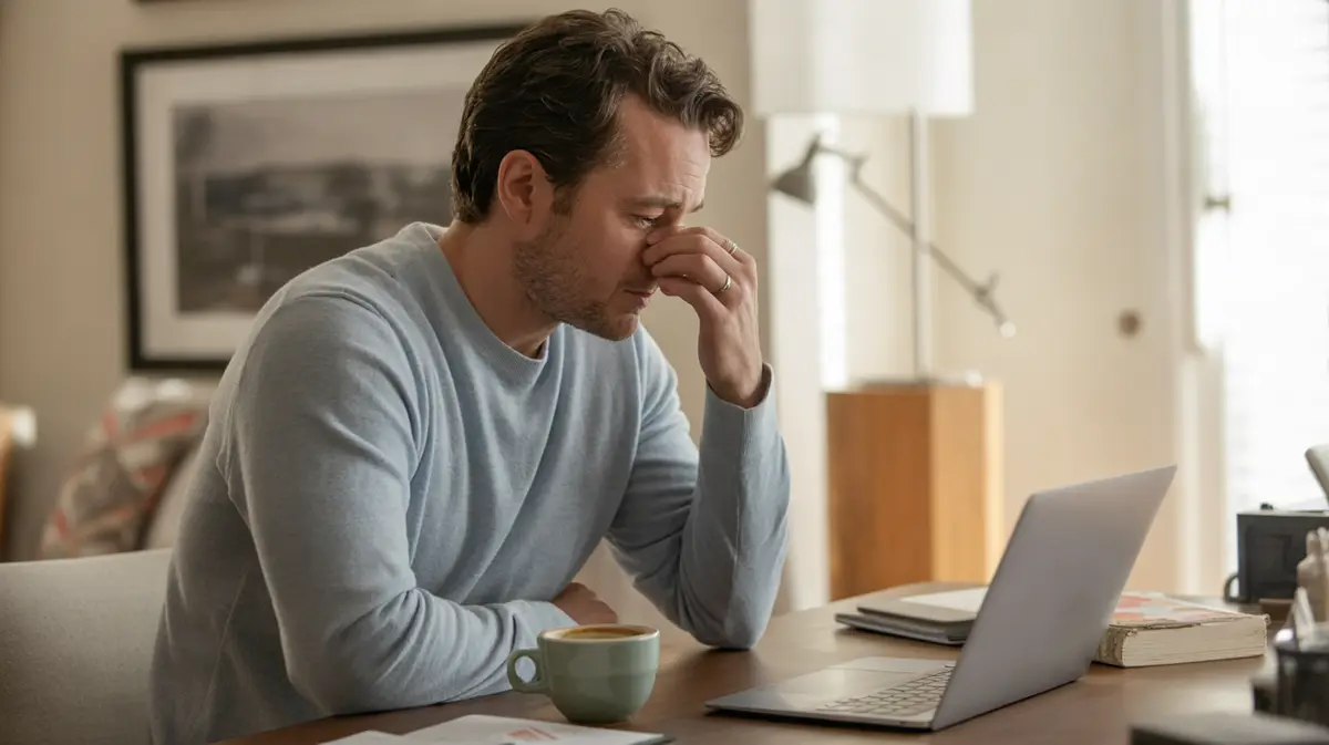 Tired man at a home office desk in the morning