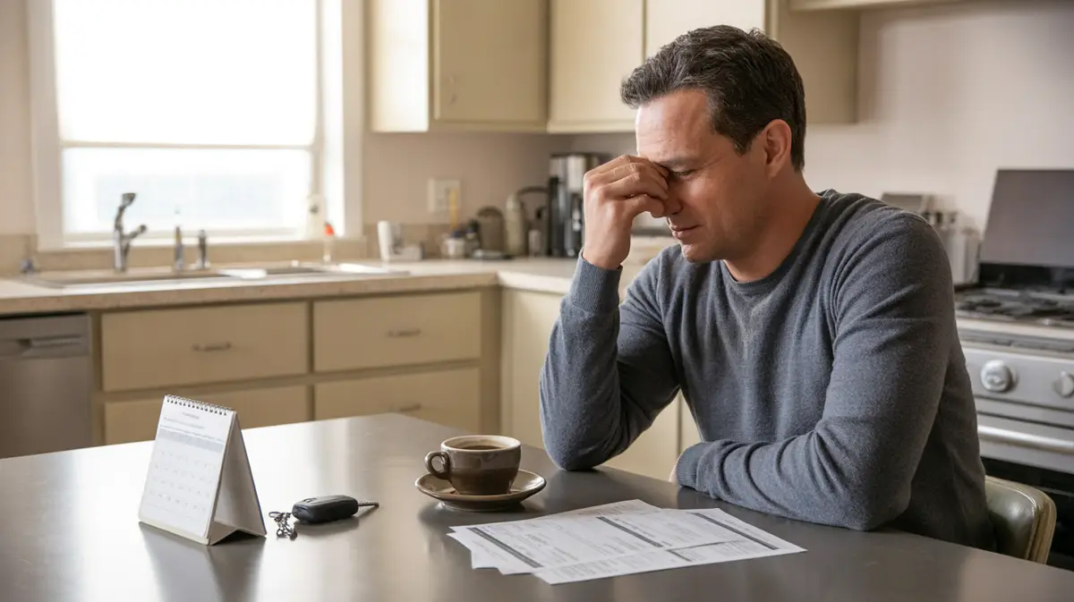 Tired man reviewing lab results at his kitchen table
