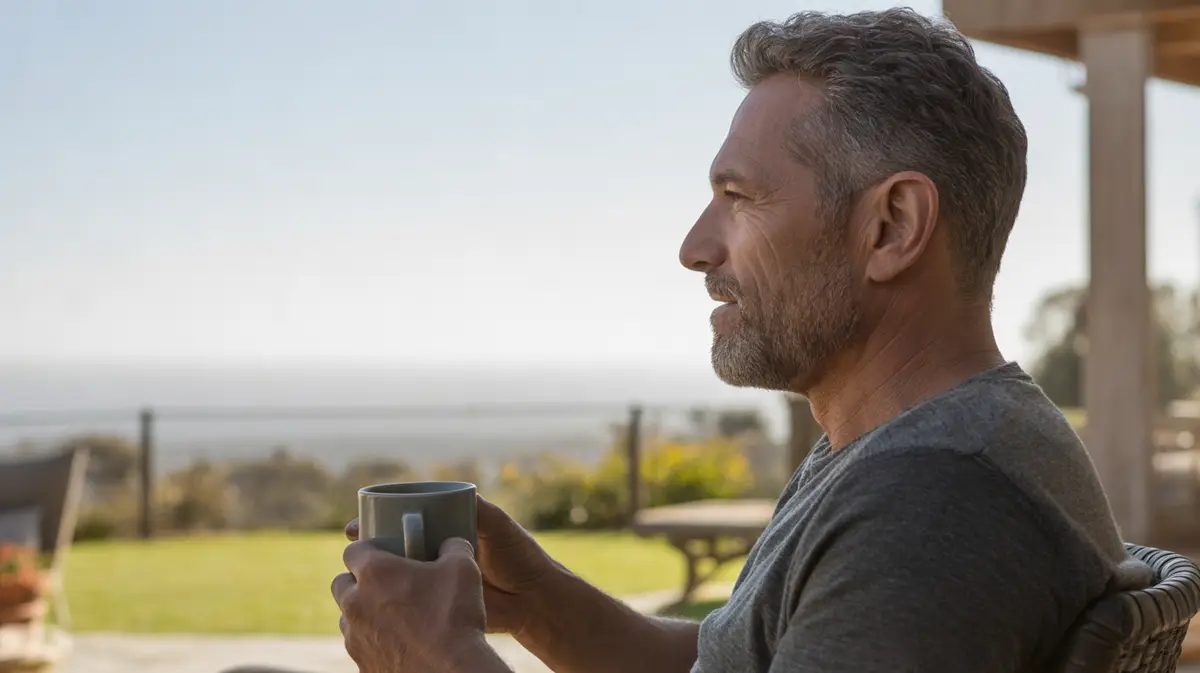 Man in profile on a patio showing his jawline