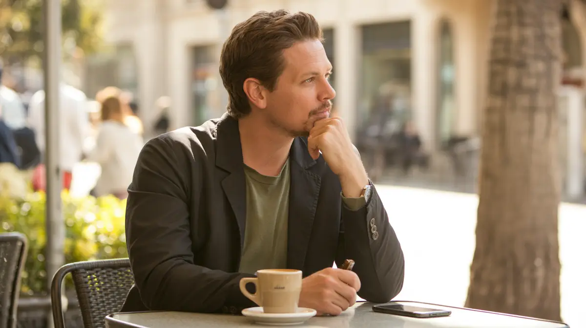 Man in thought at an outdoor cafe table