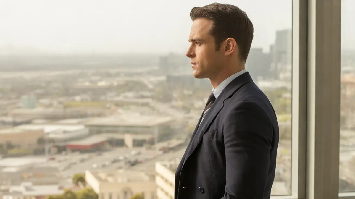 Man in a suit by an office window, jawline in side light