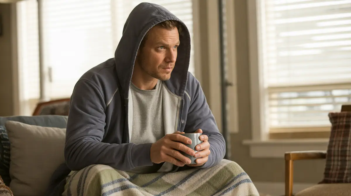 Man on a couch with a blanket and a warm drink