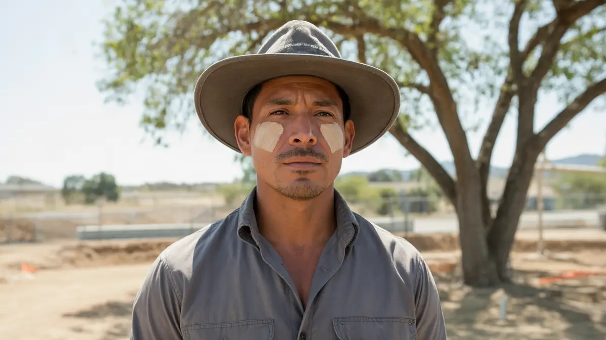 Man in a wide-brimmed hat resting in shade at a work site