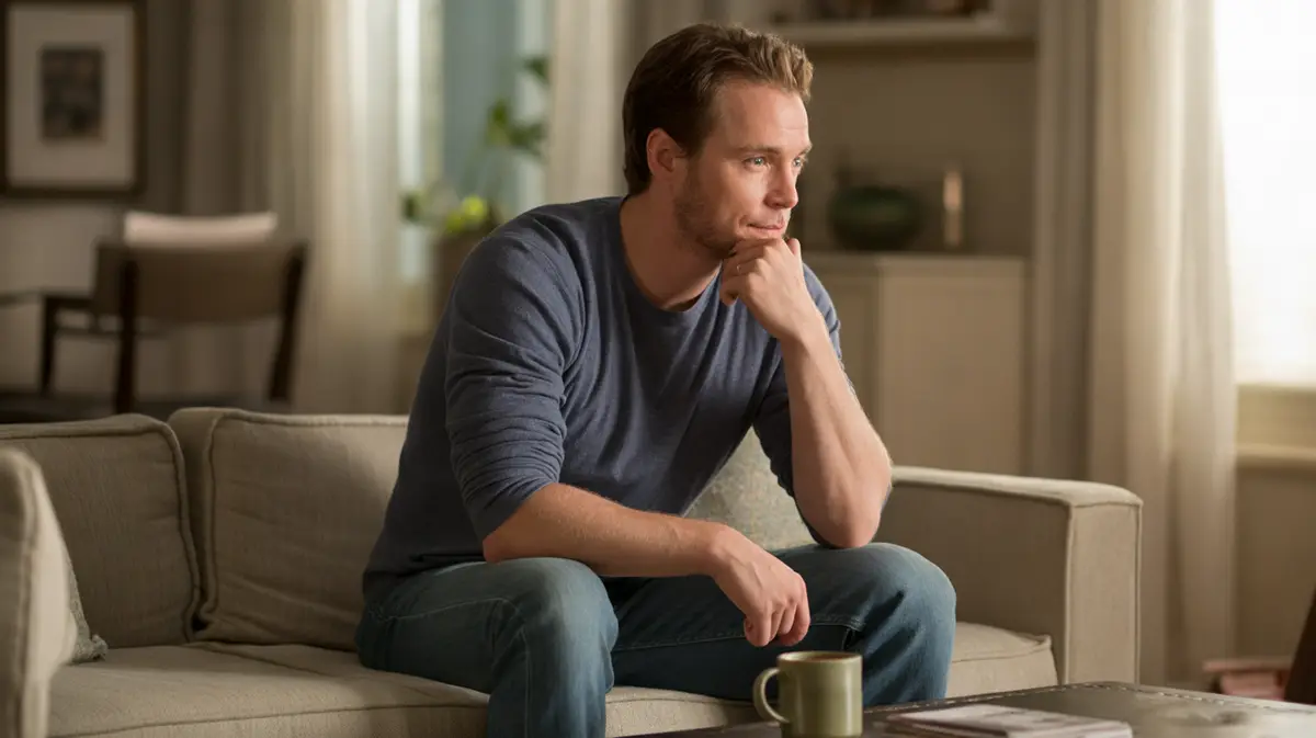 Thoughtful young man sitting on a sofa at night