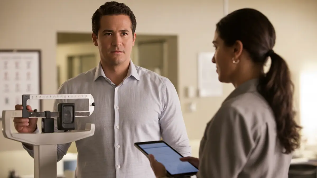 Slim man on a body composition scale in a clinic