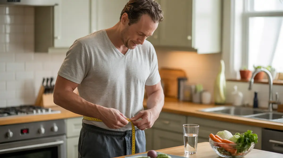 Man measuring his waist with a tape measure in a kitchen