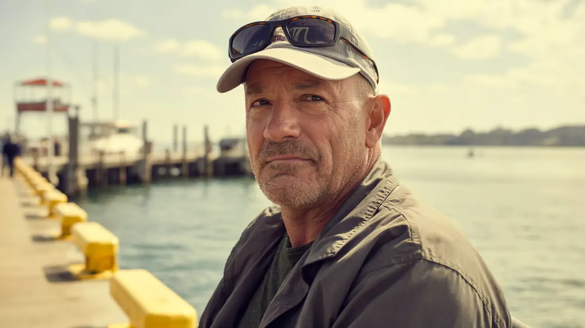 Man in his fifties with weathered skin sitting on a harbor pier