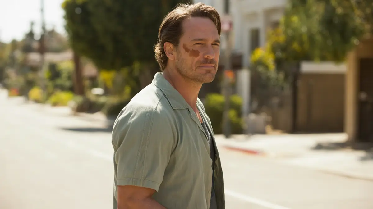 Man in his forties with sun spots on his cheekbones outdoors
