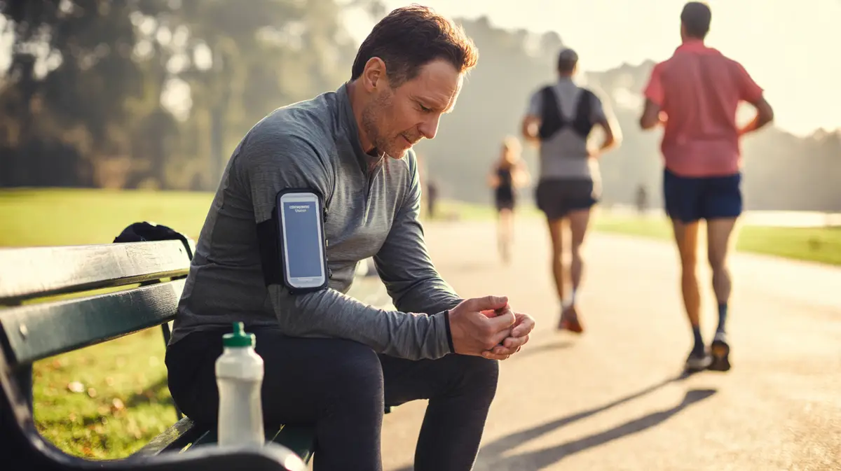 Man checking his pulse on a park bench at sunrise