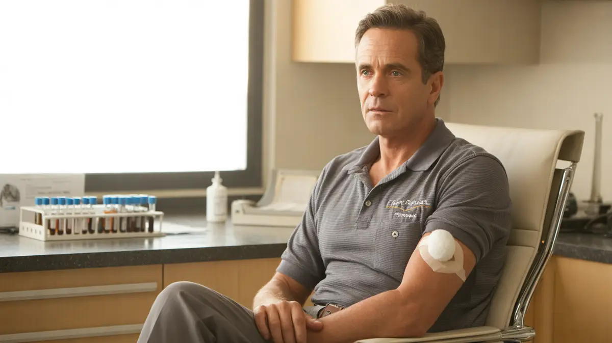 Man after a blood draw beside a rack of lab tubes