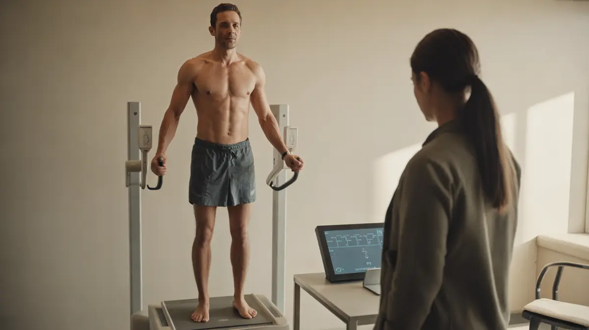 Man standing on a body composition analyzer in a clinic