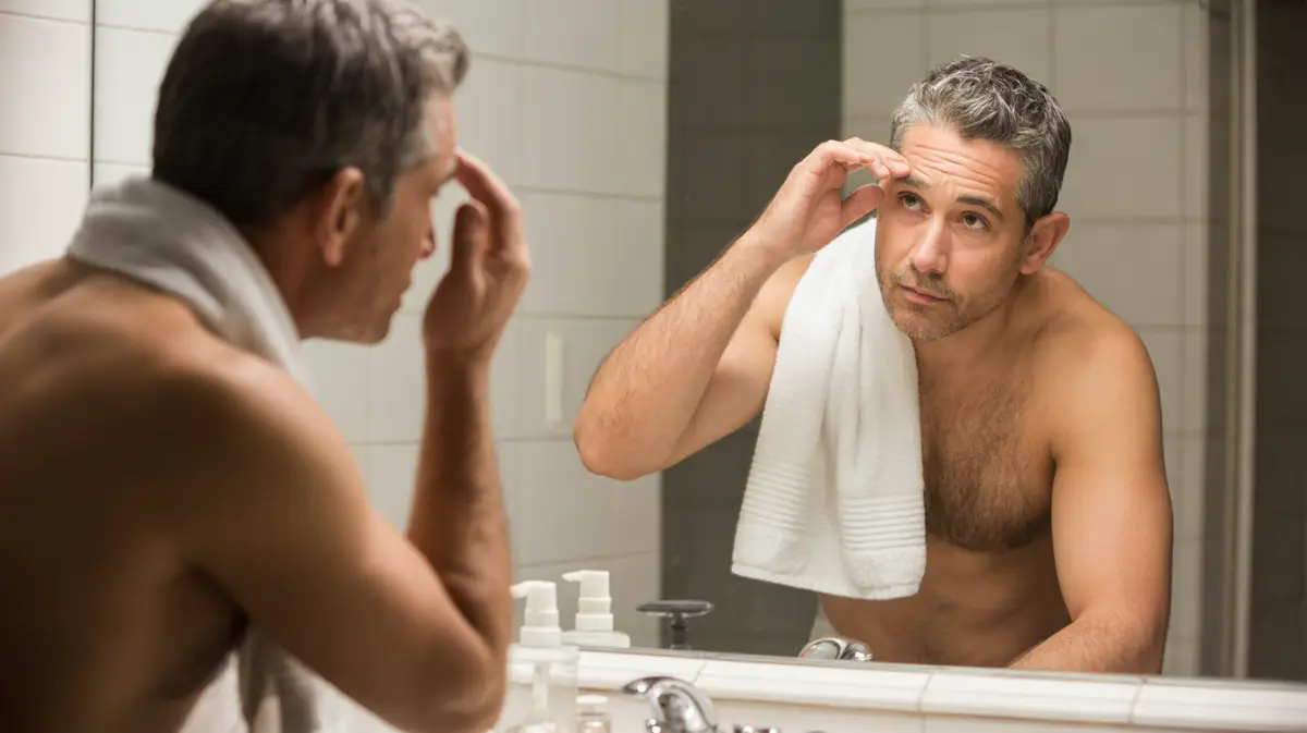 Man raising his eyebrows in a bathroom mirror