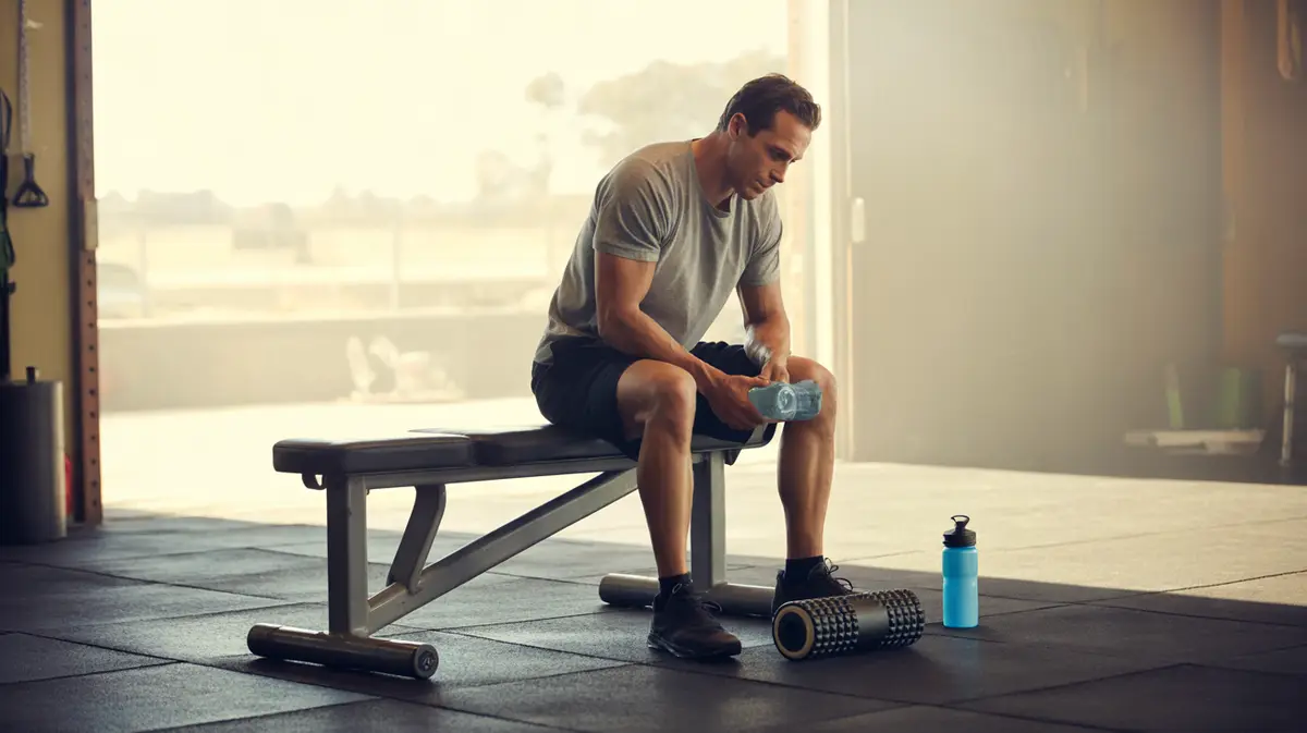 Man icing his knee on a bench in a garage gym