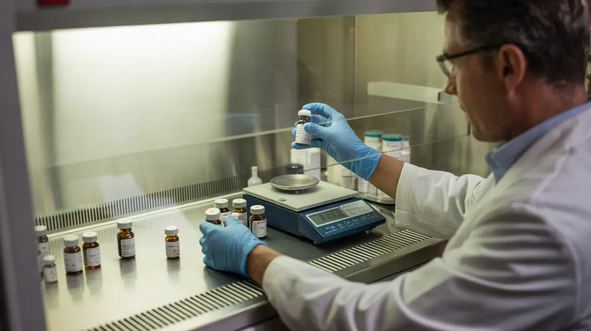 Gloved hands preparing vials at a pharmacy workstation