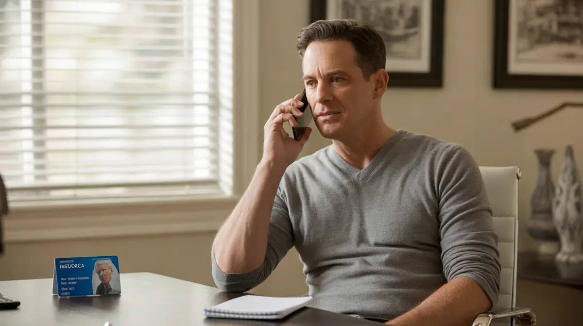 Man on a phone call with an insurance card on his desk