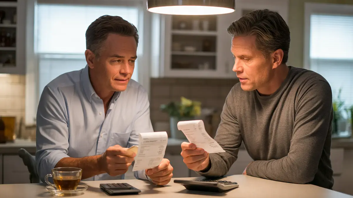 Man comparing receipts with a calculator at home