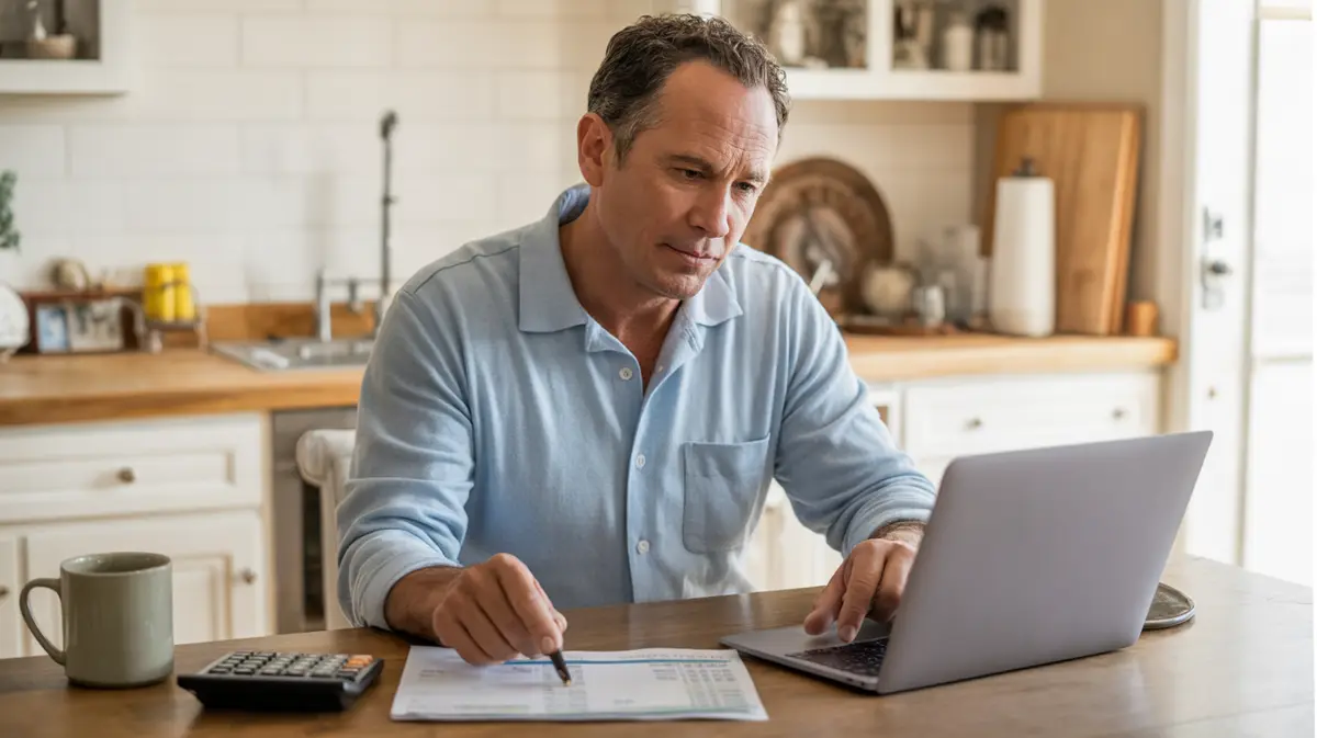 Man reviewing a monthly budget at his kitchen table