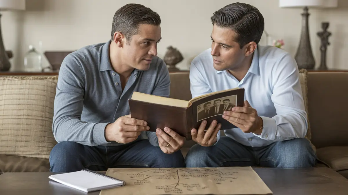 Two brothers reviewing a family photo album at home