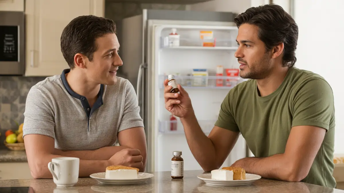 Couple talking over breakfast in a bright kitchen