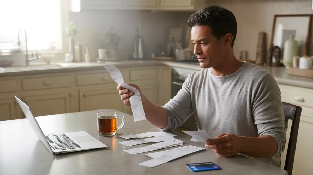 Man sorting medical receipts at a kitchen table